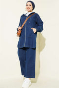 Hooded Denim Suit with Zip-Up Pockets, Dark Blue
