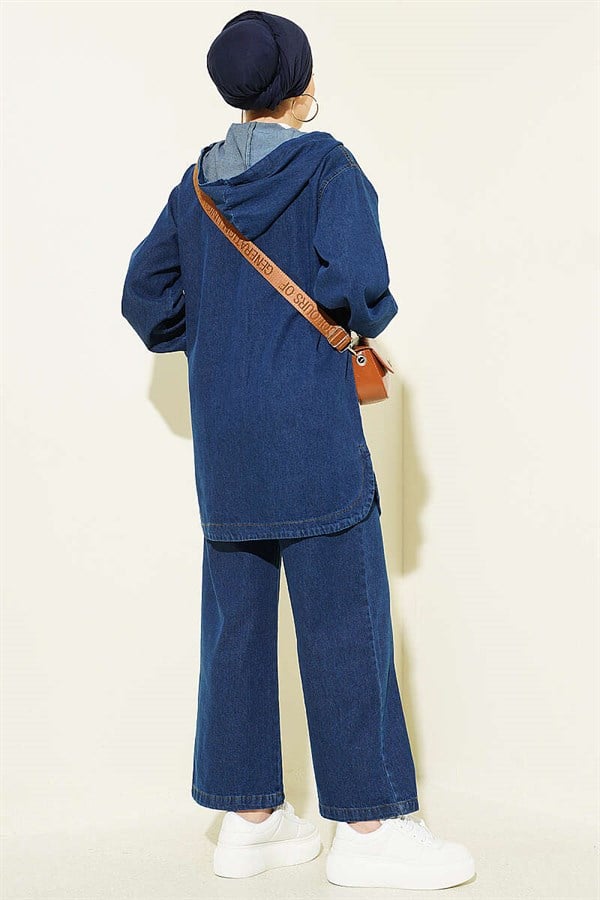 Hooded Denim Suit with Zip-Up Pockets, Dark Blue