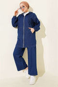 Hooded, Zip-Up Denim 2 Piece Set with Pockets, Navy Blue