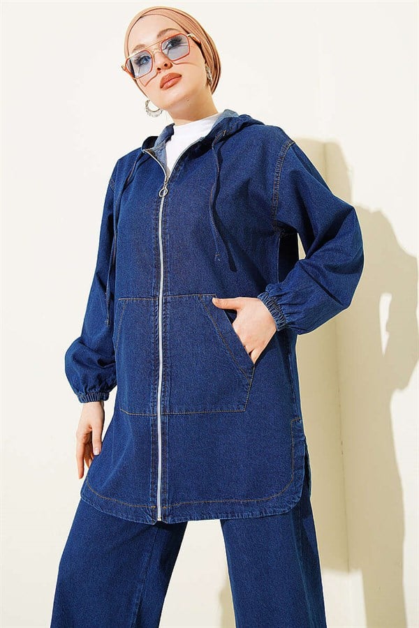 Hooded, Zip-Up Denim 2 Piece Set with Pockets, Navy Blue