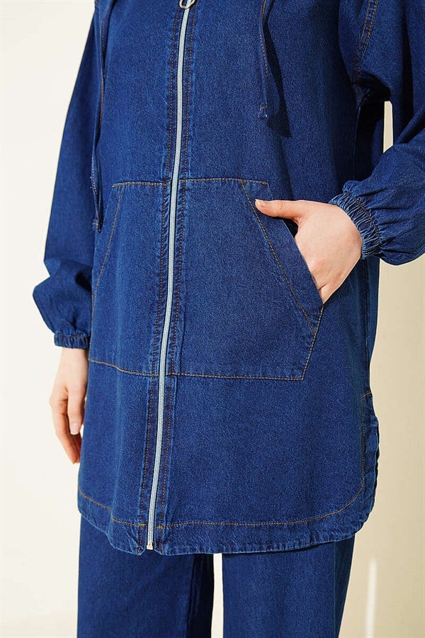 Hooded, Zip-Up Denim 2 Piece Set with Pockets, Navy Blue