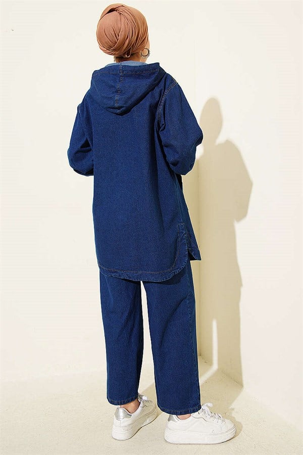 Hooded, Zip-Up Denim 2 Piece Set with Pockets, Navy Blue