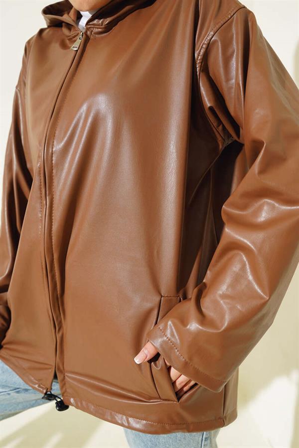 Hooded Zippered Leather Jacket Tan
