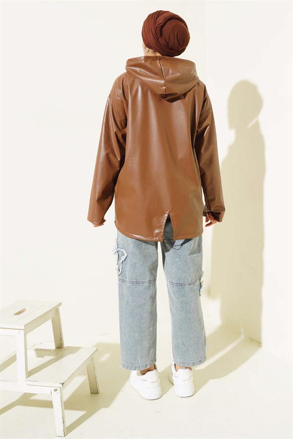 Hooded Zippered Leather Jacket Tan