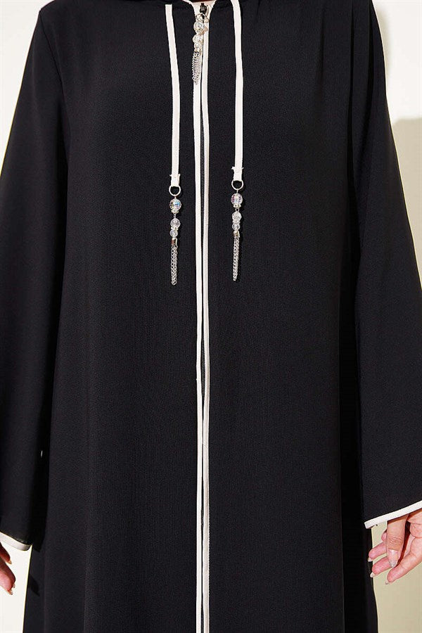 Hooded Zip-Up Abaya, Black