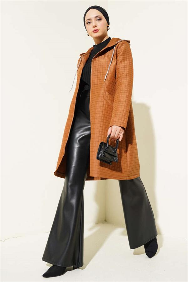 Hooded Zippered Quilted Coat Tan