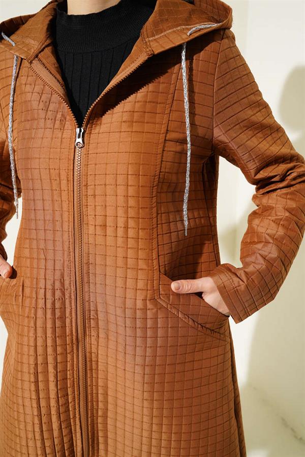 Hooded Zippered Quilted Coat Tan