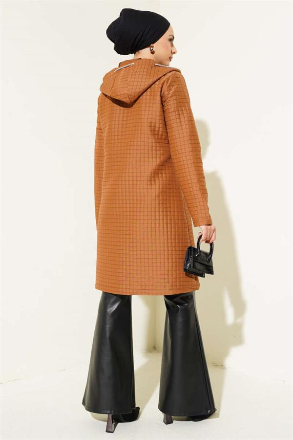 Hooded Zippered Quilted Coat Tan