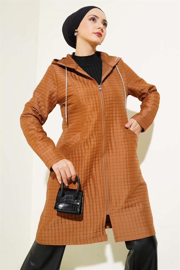 Hooded Zippered Quilted Coat Tan