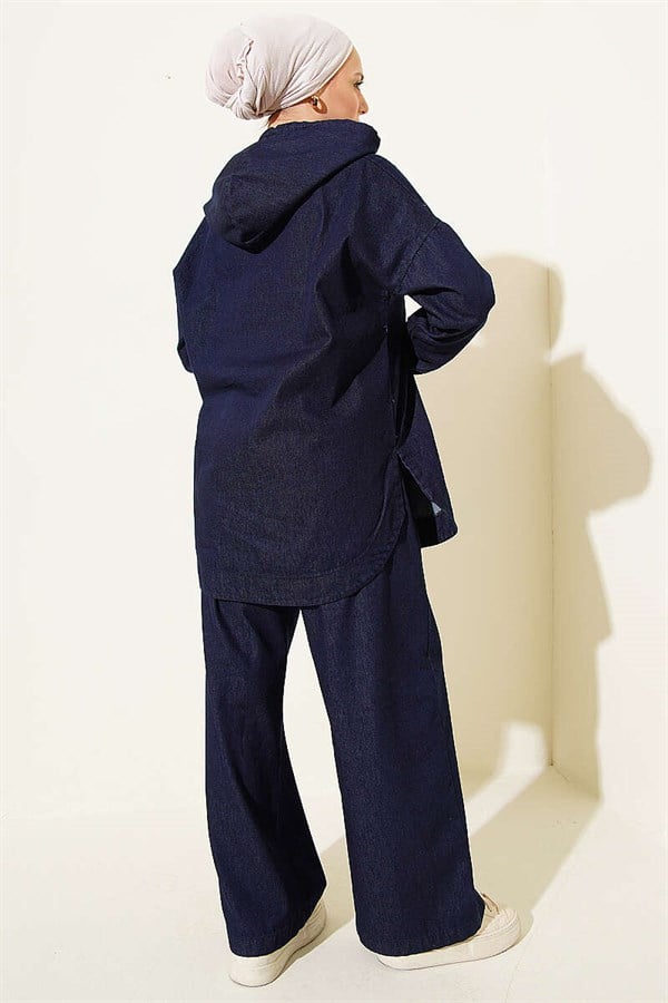 Hooded Zip-Up Denim 2 Piece Set, Navy Blue