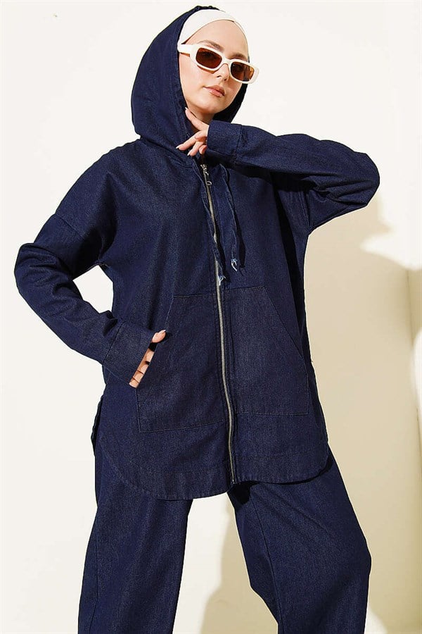 Hooded Zip-Up Denim 2 Piece Set, Navy Blue