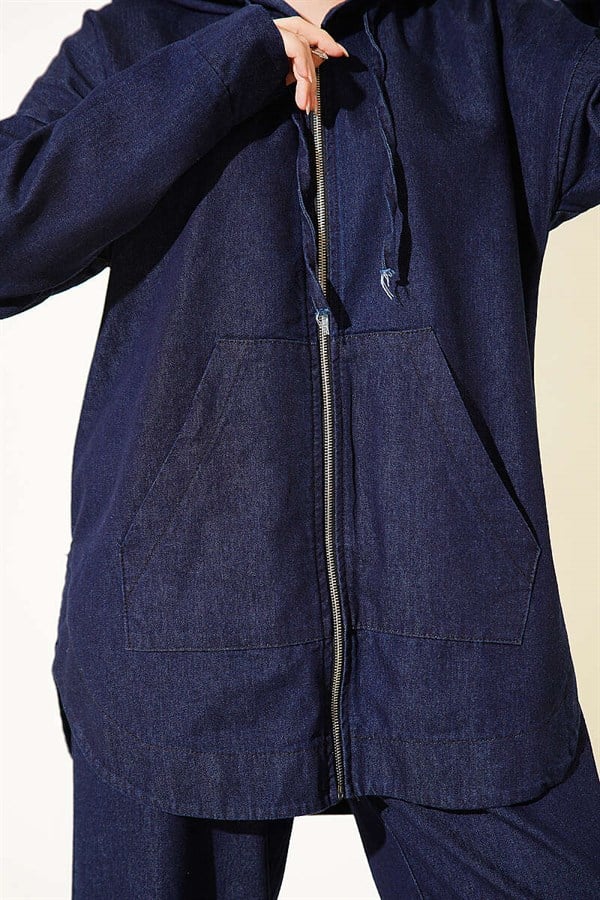 Hooded Zip-Up Denim 2 Piece Set, Navy Blue