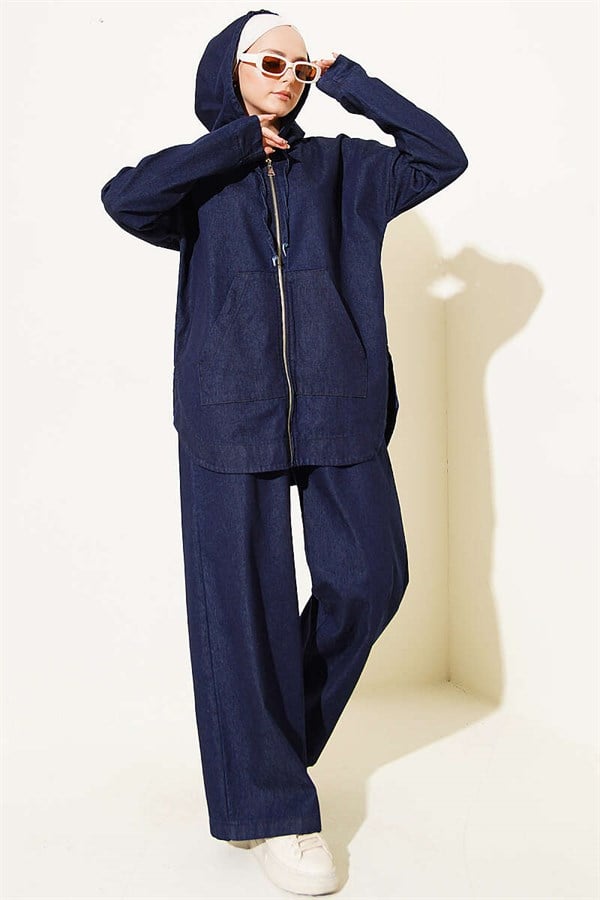 Hooded Zip-Up Denim 2 Piece Set, Navy Blue