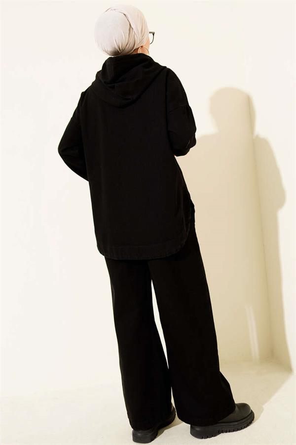 Hooded Zip-Up Denim 2 Piece Set, Black