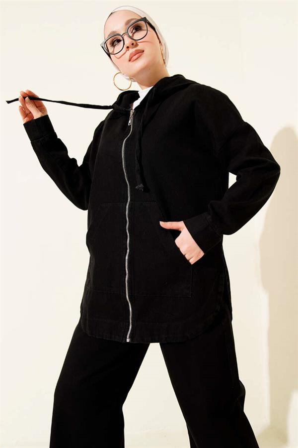 Hooded Zip-Up Denim 2 Piece Set, Black
