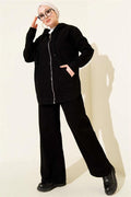 Hooded Zip-Up Denim 2 Piece Set, Black