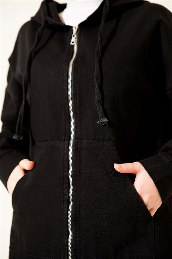 Hooded Zip-Up Denim 2 Piece Set, Black