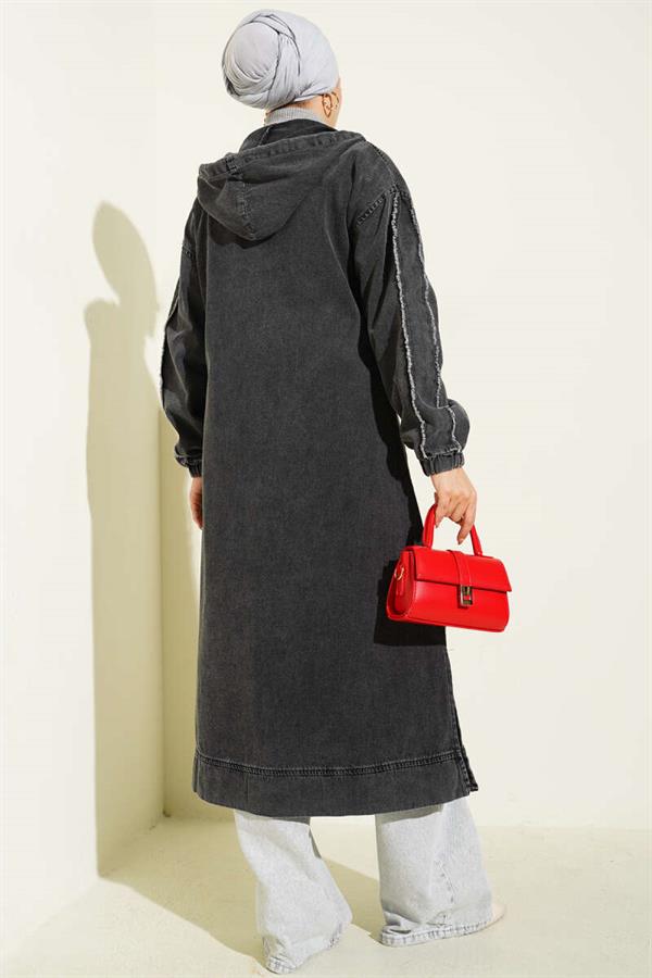 Hooded Zippered Denim Coat Smoked