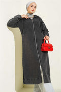 Hooded Zippered Denim Coat Smoked