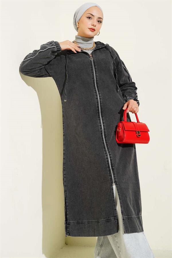 Hooded Zippered Denim Coat Smoked