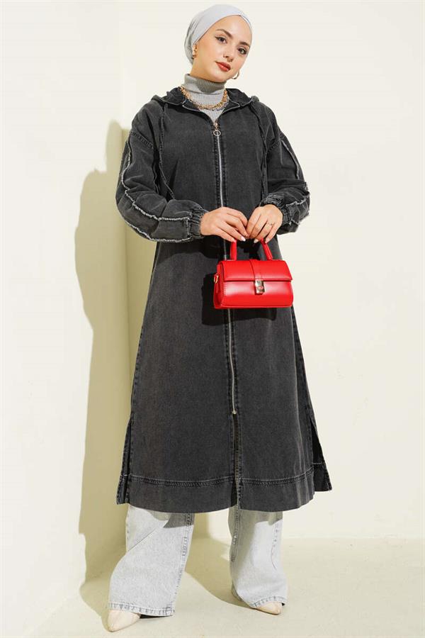 Hooded Zippered Denim Coat Smoked