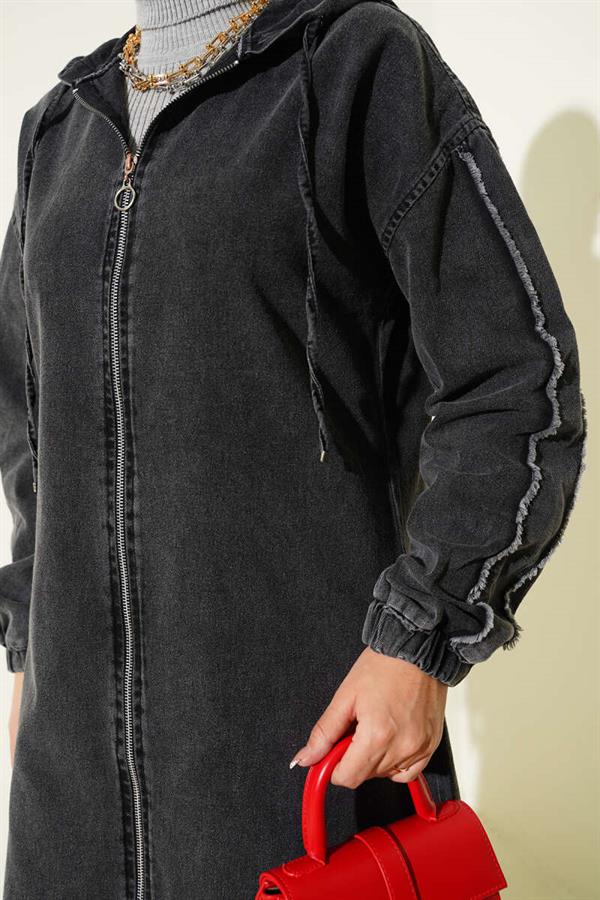 Hooded Zippered Denim Coat Smoked