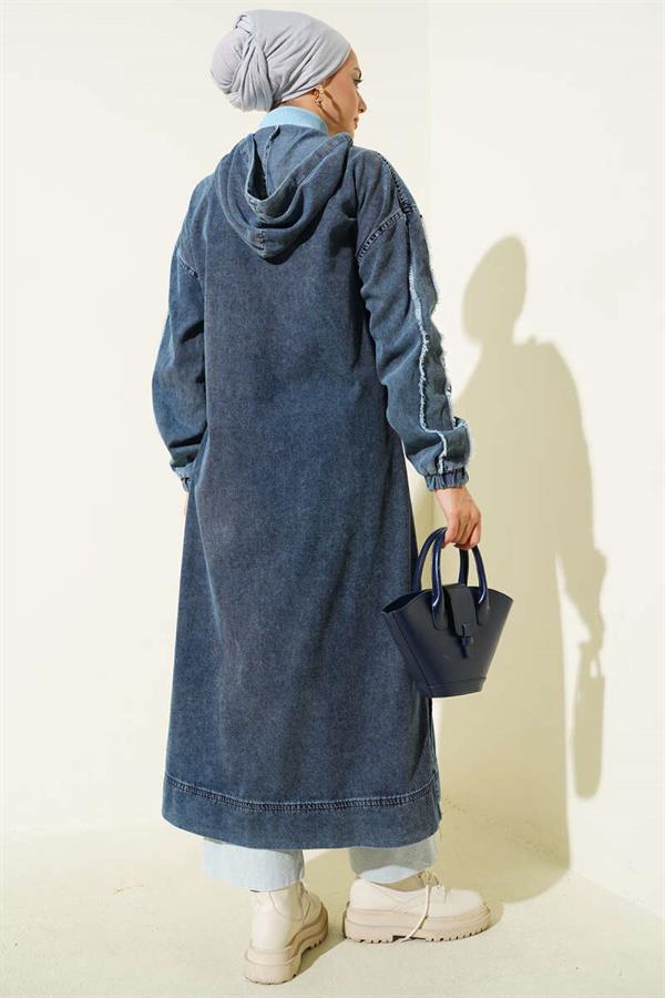 Hooded Zippered Denim Jacket Dark Blue