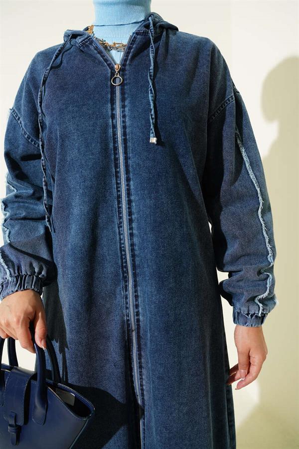 Hooded Zippered Denim Jacket Dark Blue
