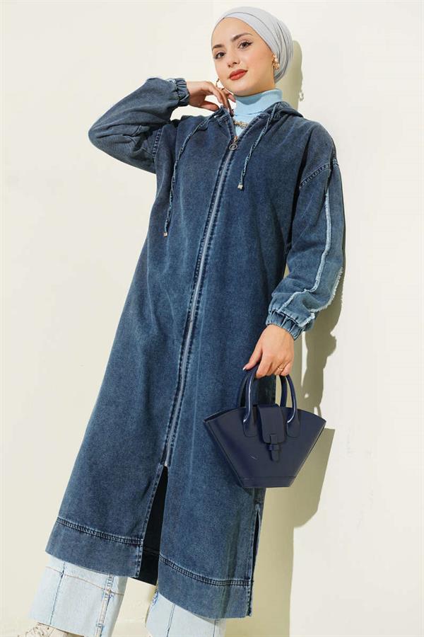 Hooded Zippered Denim Jacket Dark Blue