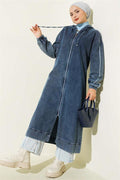 Hooded Zippered Denim Jacket Dark Blue