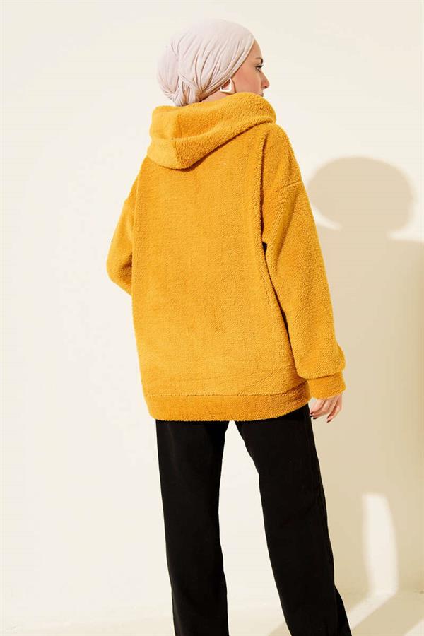 Hooded Zippered Plush Coat Mustard