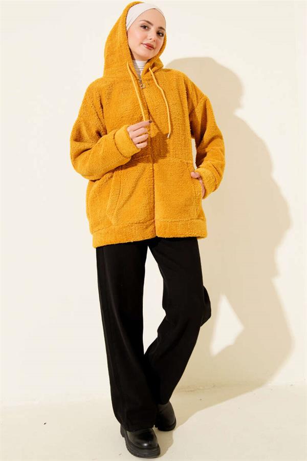 Hooded Zippered Plush Coat Mustard