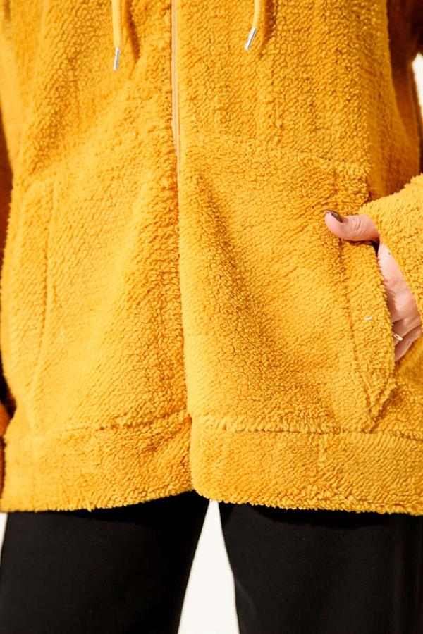 Hooded Zippered Plush Coat Mustard