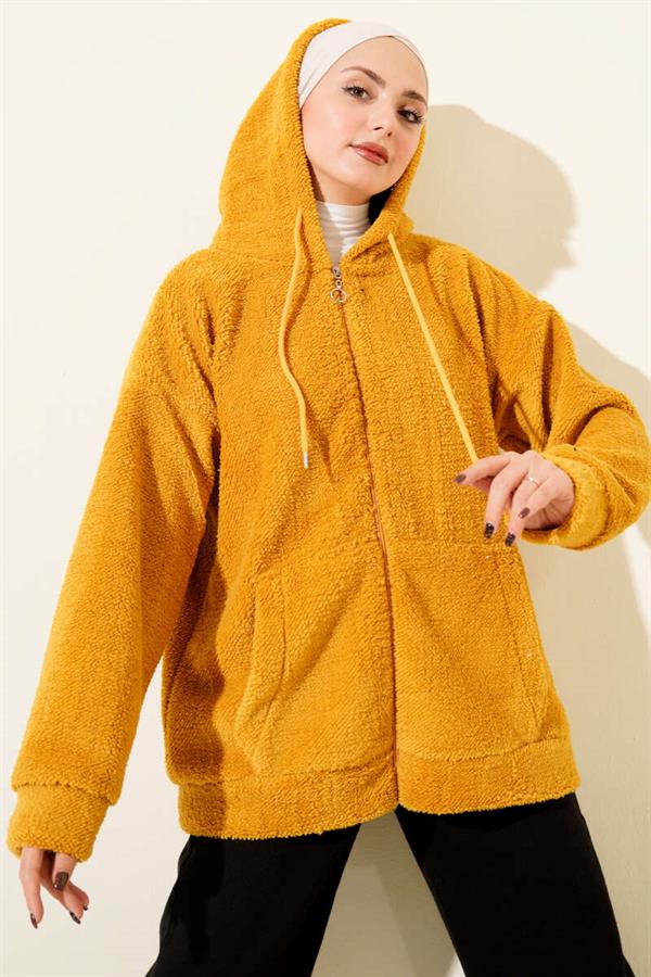 Hooded Zippered Plush Coat Mustard