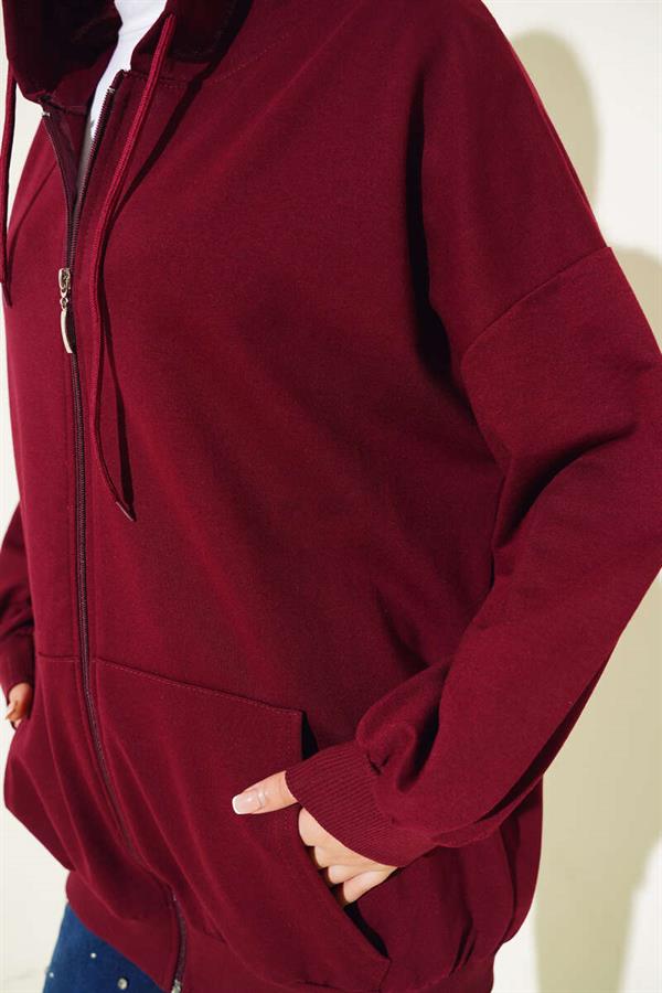 Hooded Zippered Casual Cardigan Claret Red