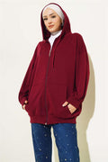 Hooded Zippered Casual Cardigan Claret Red