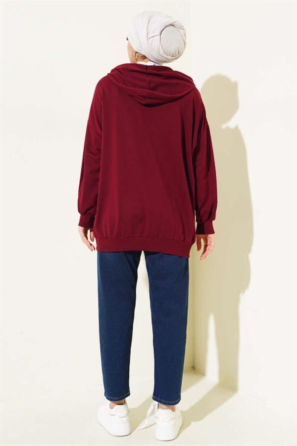 Hooded Zippered Casual Cardigan Claret Red