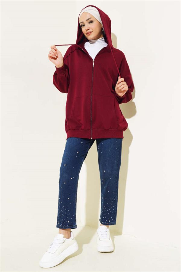 Hooded Zippered Casual Cardigan Claret Red