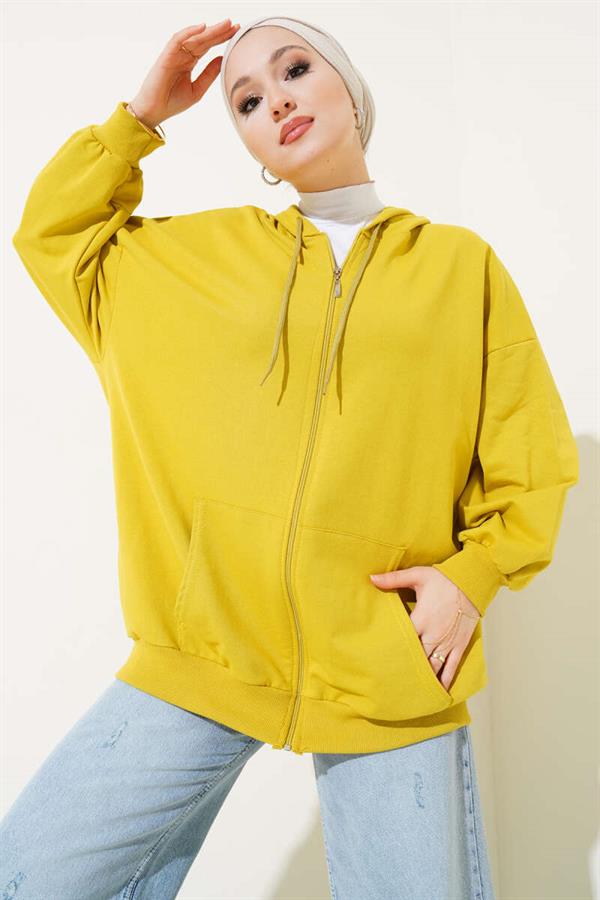 Hooded Zippered Casual Cardigan Oil Green