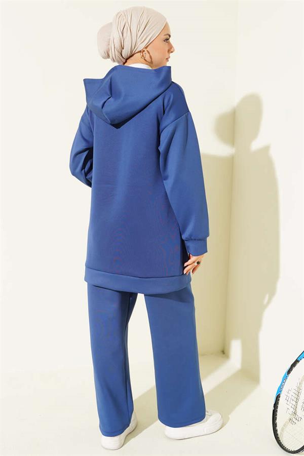 Hooded Zippered Scuba 2 Piece Set Navy Blue