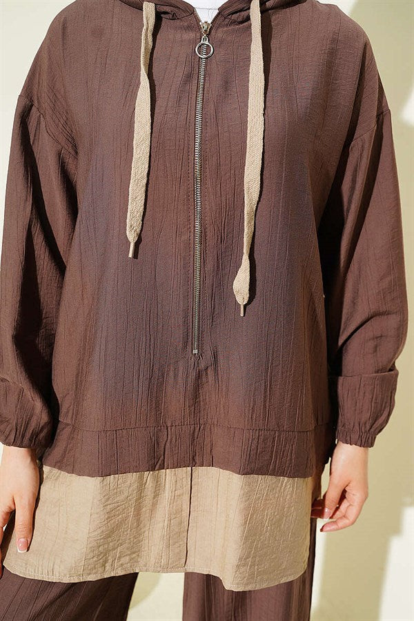 Hooded 2 Piece Set with Garni Detail, Coffee