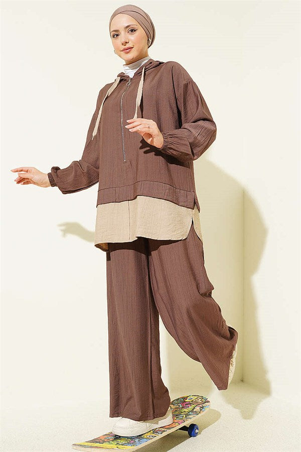 Hooded 2 Piece Set with Garni Detail, Coffee