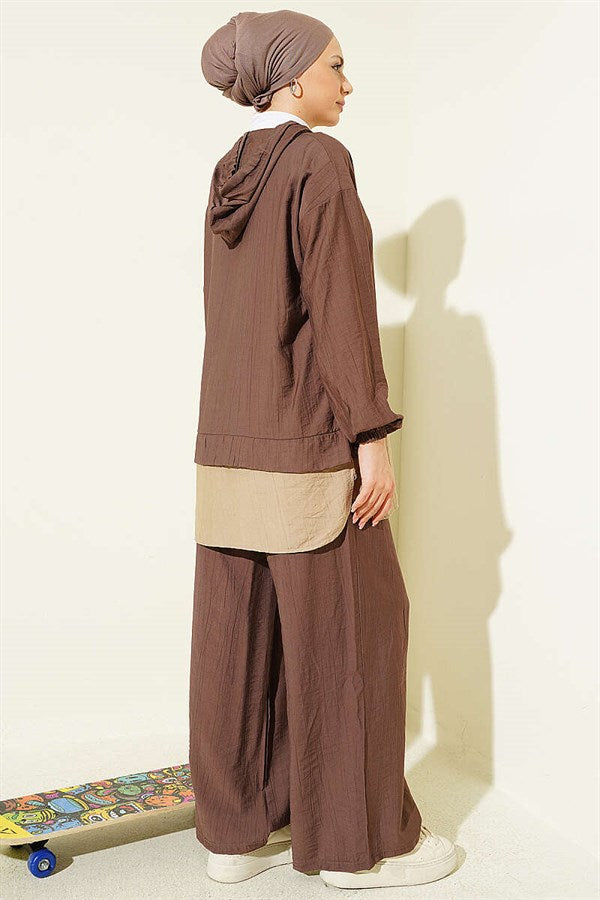 Hooded 2 Piece Set with Garni Detail, Coffee