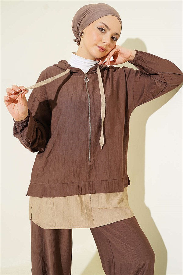 Hooded 2 Piece Set with Garni Detail, Coffee