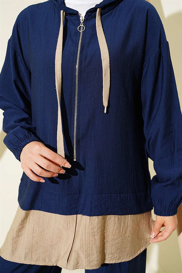 Hooded 2 Piece Set with Trim Details, Navy Blue