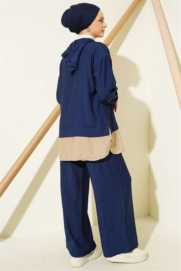 Hooded 2 Piece Set with Trim Details, Navy Blue