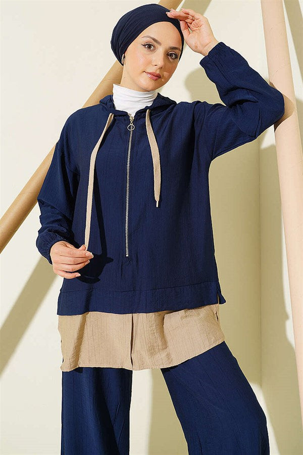 Hooded 2 Piece Set with Trim Details, Navy Blue