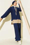 Hooded 2 Piece Set with Trim Details, Navy Blue