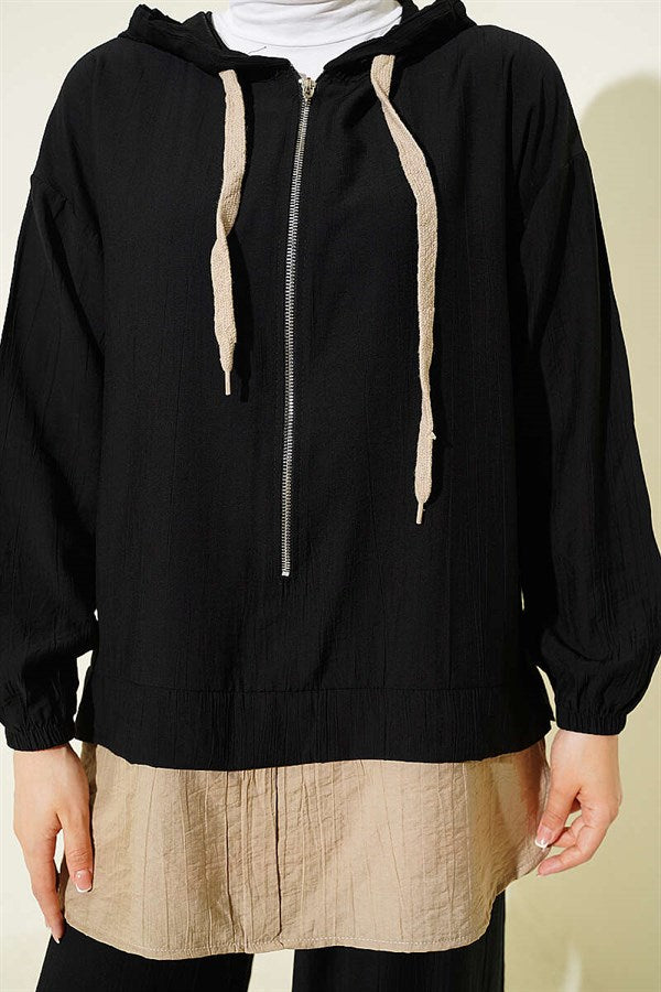 Hooded 2 Piece Set with Trim Details, Black