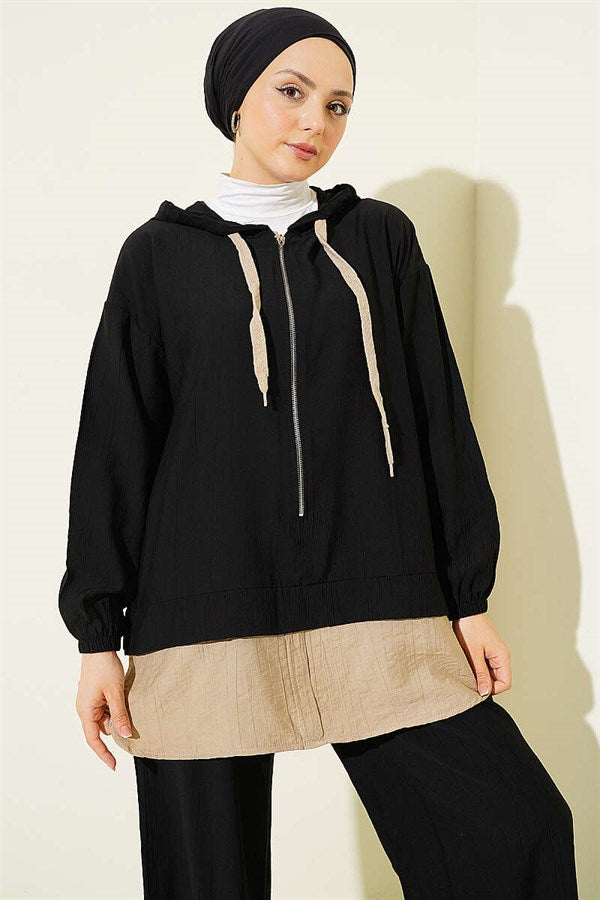 Hooded 2 Piece Set with Trim Details, Black